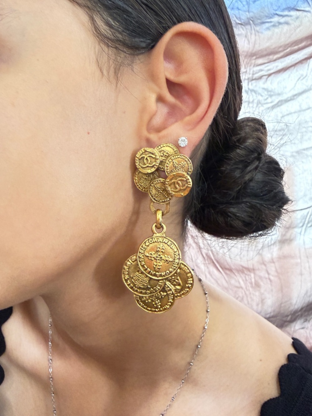 CHANEL Gold Metal Coin Medallion Drop Earrings, Signed 28 - Picture 2 of 14